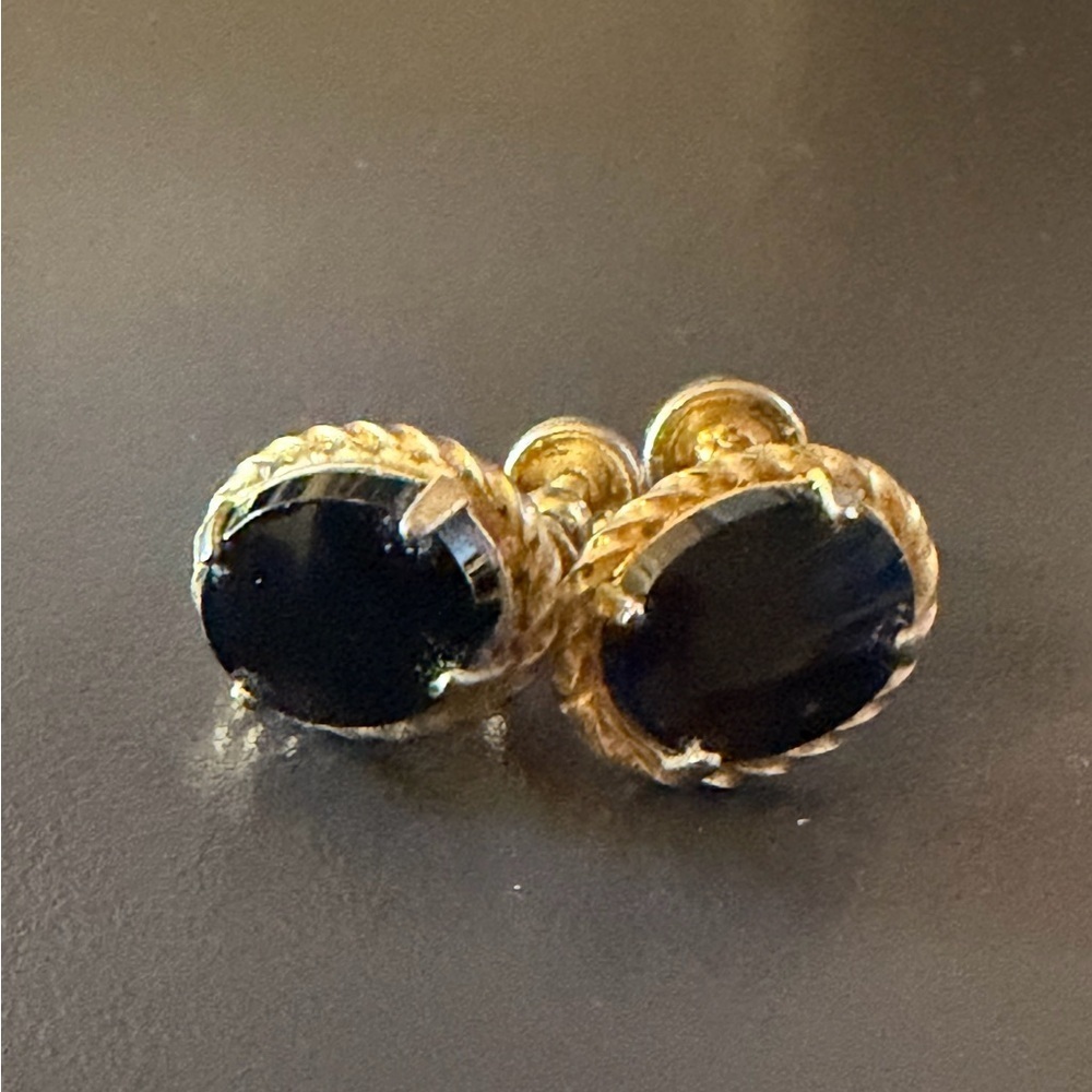 Vintage Van Dell Black Onyx Screw Backs 12K Gold Filled Rope Frame Earrings - Picture 5 of 12